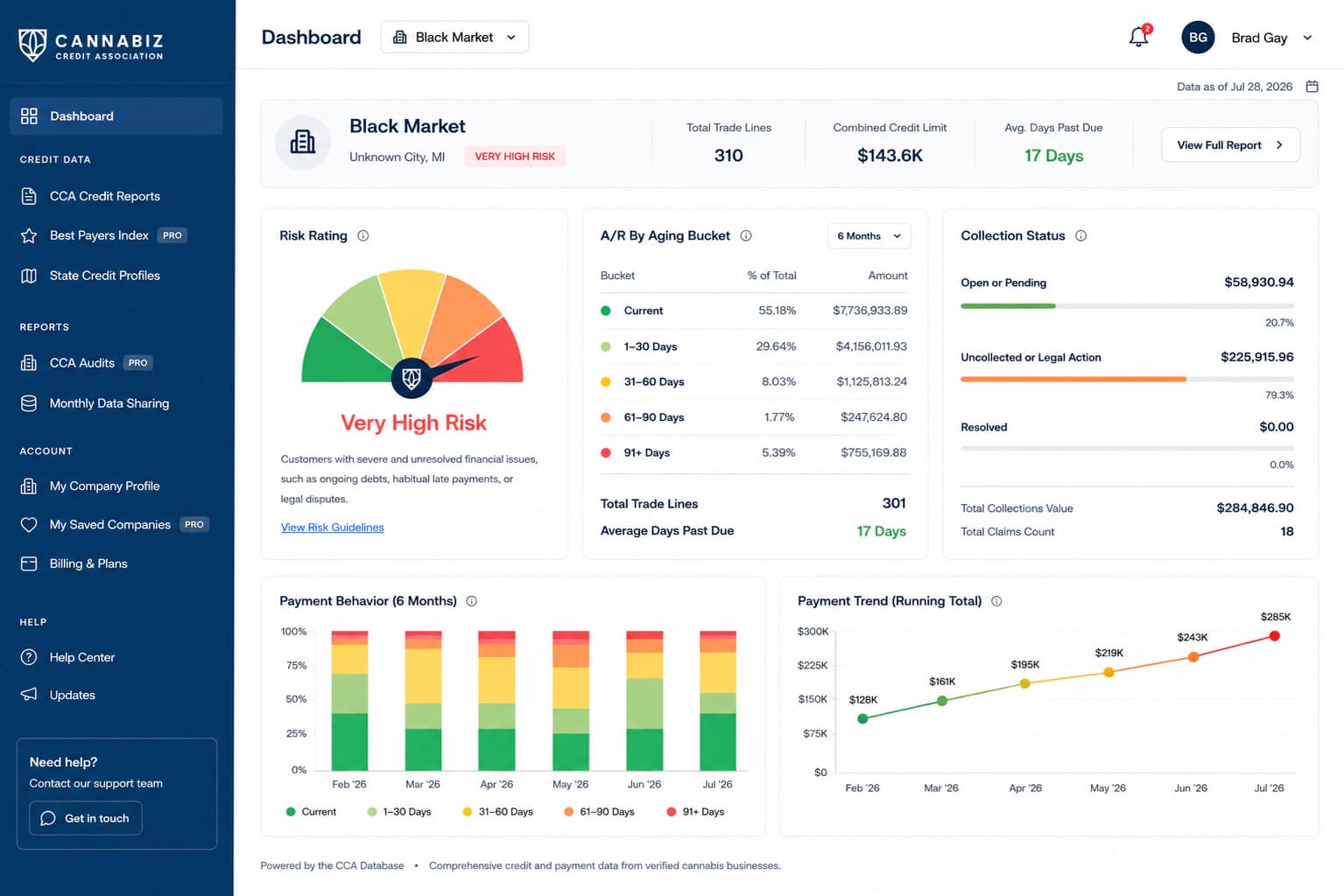 CCA dashboard showing cannabis credit risk and payment behavior